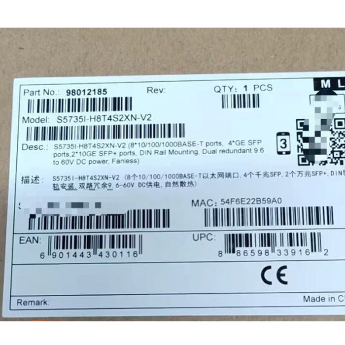 S5735I-H8T4S2XN-V2 Huawei Industrial Switch 8*10/100/1000BASE-T Ports , 4*GE SFP Ports , 2*10GE SFP+ Ports Dual 9.6 To 60V DC Supply